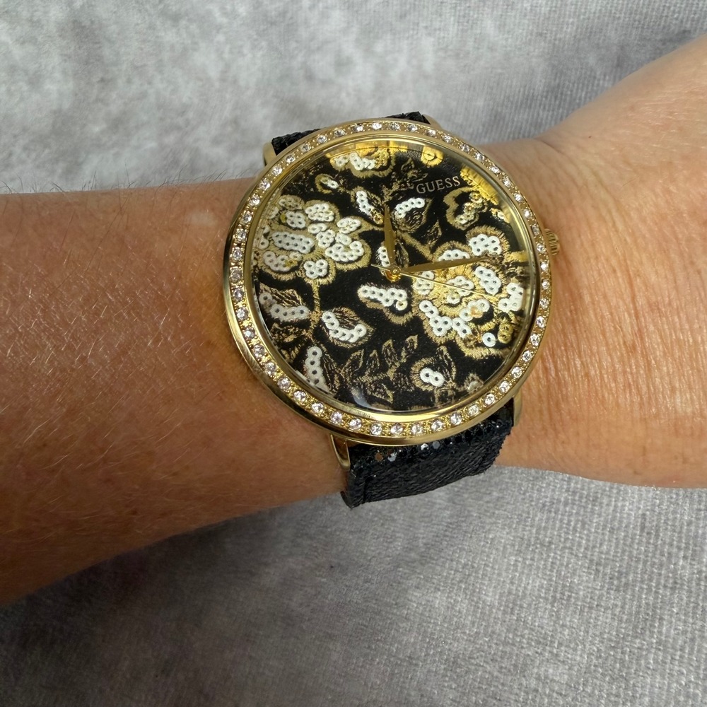 Guess Watch Womens Sparkle Leather Black & Gold Brocade Dial Glitz Crystals NWOT